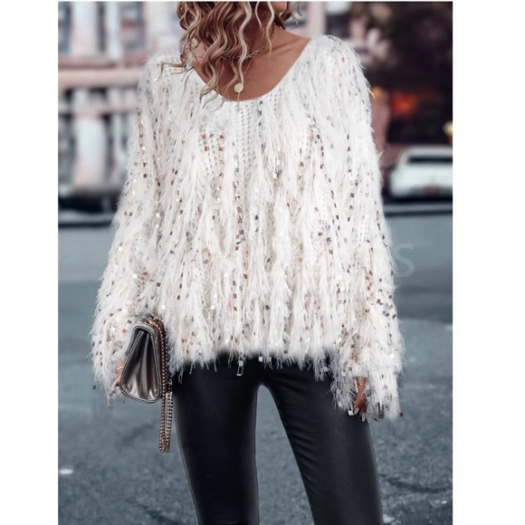 Fun Fuzzy Embellished Pullover Sweater V-Neck Off White - Picture 3 of 10
